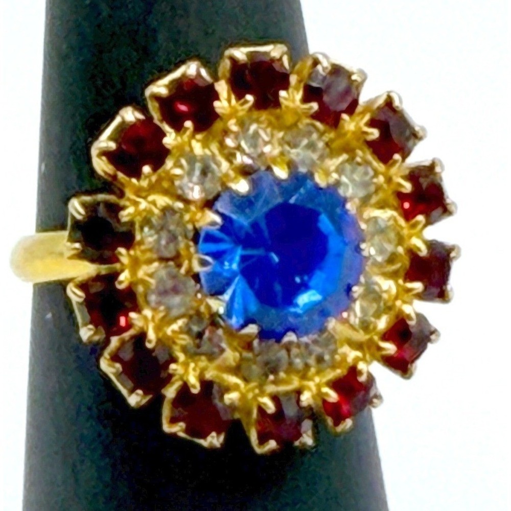Red White Blue Rhinestone Ring Gold Tone Adjustable Patriotic‎ 4th of July VIDEO